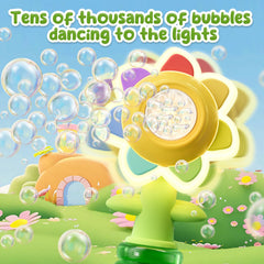 JOI MEW flower-designed bubble gun glows as bubbles dance.