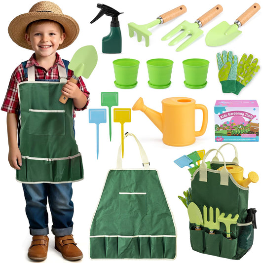 JOI MEW kids gardening tools set with wooden-handle rake for comfortable planting