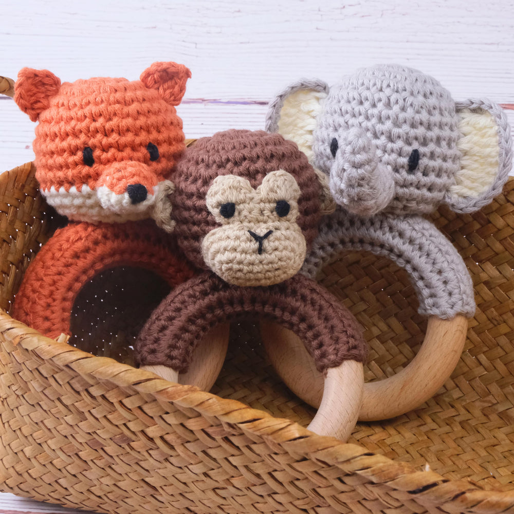 Joliecraft Organic Cotton Fox Rattle, gentle texture for little hands.