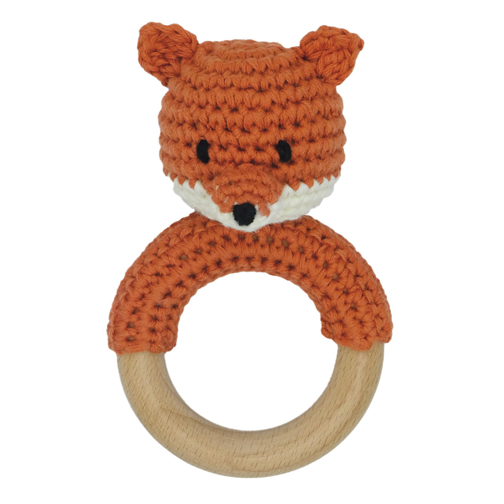 Joliecraft Safari Fox Rattle with wooden teether for soothing newborns.