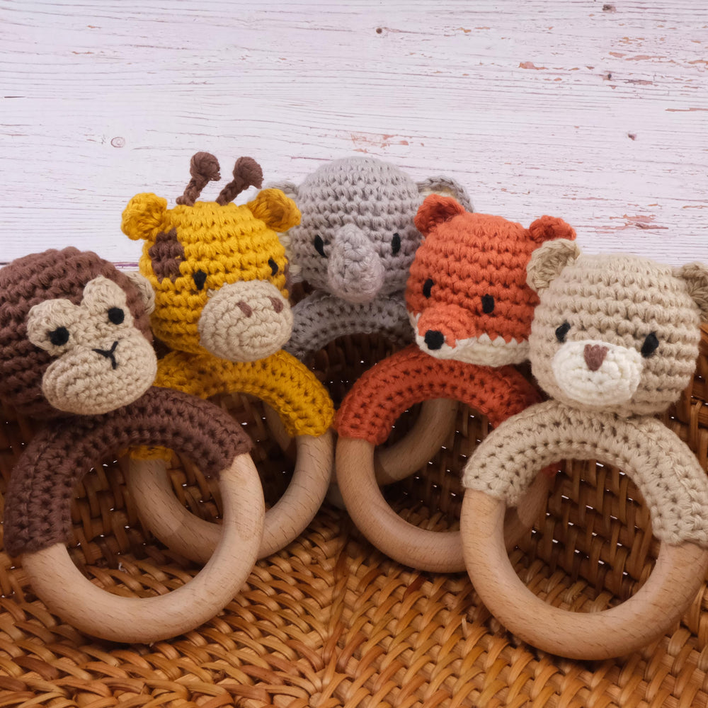 Joliecraft Wooden Teething Ring Baby Toy, safe natural wood for play.