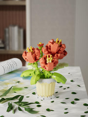 Mini bonsai-inspired blocks creating whimsical floral scenes for desks or shelves.