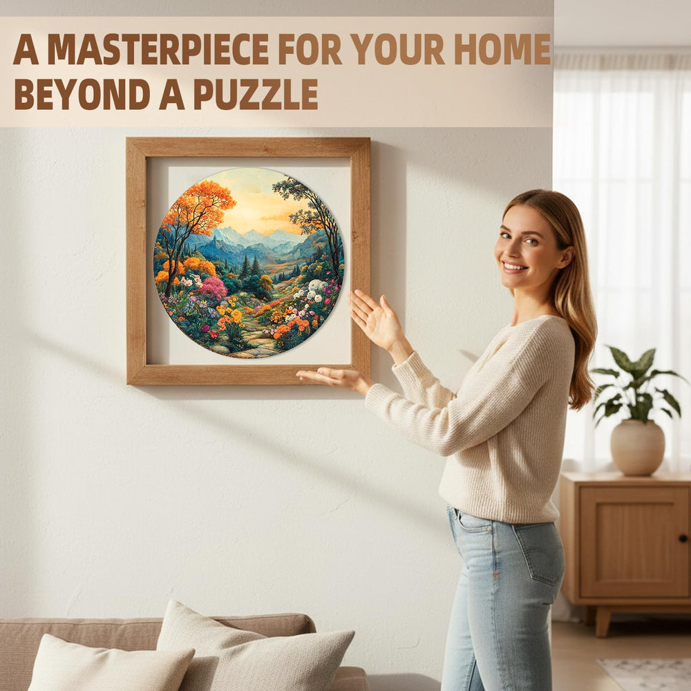 Jollitot round puzzle captures sunset hues over a dramatic horizon, mood enhancer.