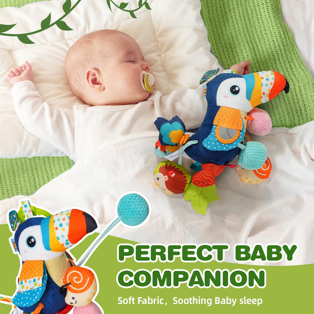Jollybaby Montessori-inspired toucan toy promotes reach and upper-body strength.