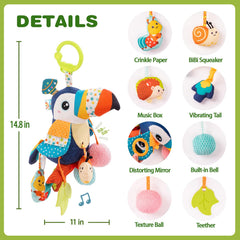 Jollybaby Toucan pull-string music box encouraging grasping and cause-and-effect play.