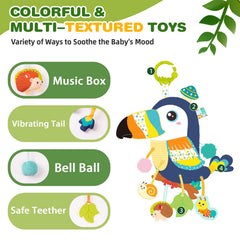 Jollybaby Toucan teether with crinkle paper for teething relief and texture exploration.