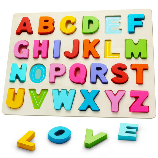 JOLSNAF wooden ABC puzzle - front view promotes early literacy with safe rounded edges.