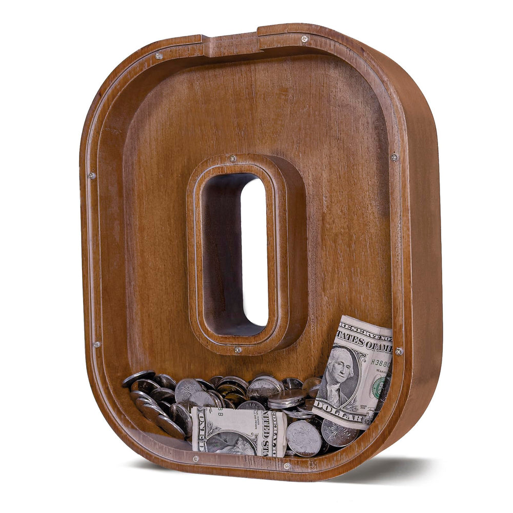 JOOMLAFLY wooden initial-letter piggy bank front view, durable design for long-lasting savings