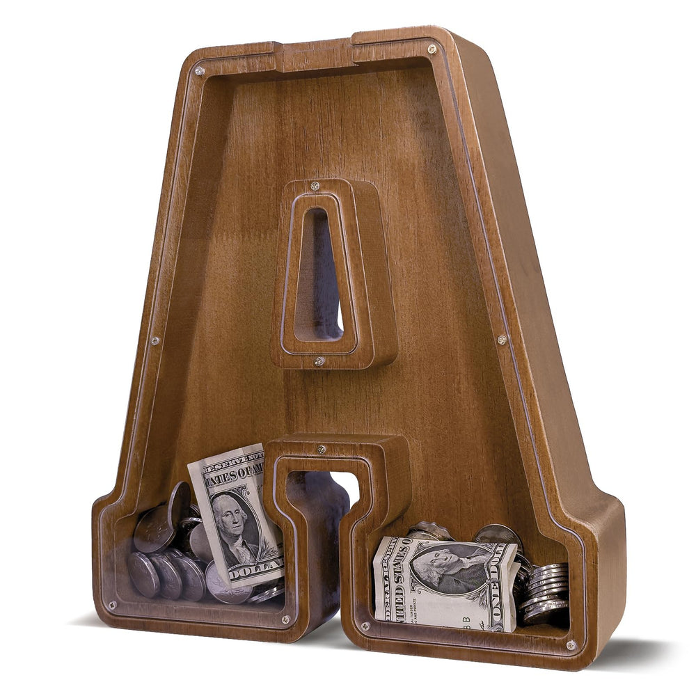 JOOMLAFLY wooden letter piggy bank front view with personalized initial and natural wood finish