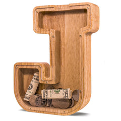 JOOMLAFLY wooden letter piggy bank front view showing natural finish and personalized charm.