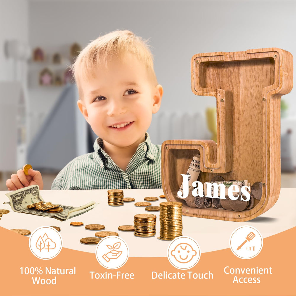 JOOMLAFLY letter piggy bank side view highlighting compact footprint and sturdy build.