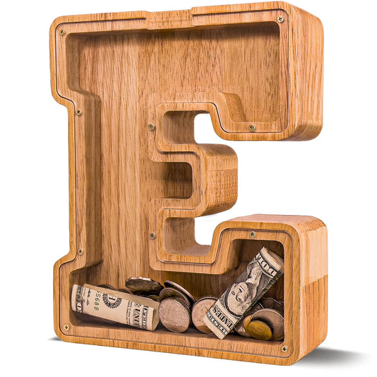 JOOMLAFLY wooden letter bank shows 9-inch height for kid-friendly savings.