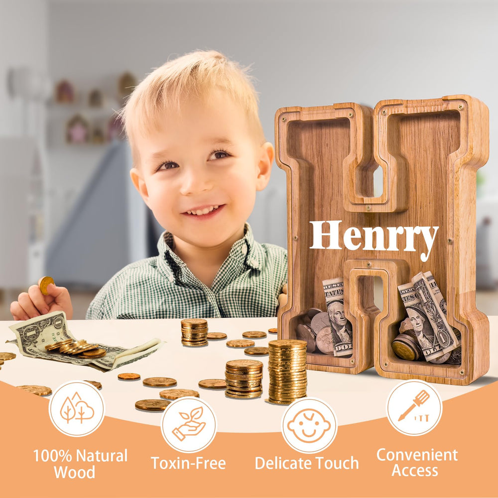 Close-up of JOOMLAFLY wooden letter bank showing smooth finish