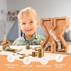 JOOMLAFLY wooden letter bank side view showing compact footprint and stable base