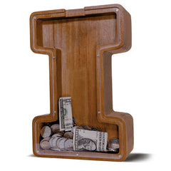 JOOMLAFLY wooden letter piggy bank, 12 inches tall, with natural wood finish.