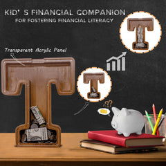 JOOMLAFLY wooden letter piggy bank features an acrylic panel to track progress.