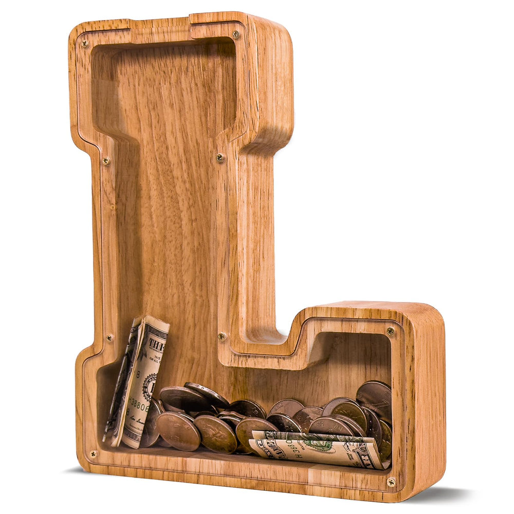JOOMLAFLY wooden letter piggy bank close-up shows natural finish and durable craft