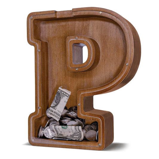 JOOMLAFLY wooden letter piggy bank close-up showing craftsmanship and a natural, safe finish.