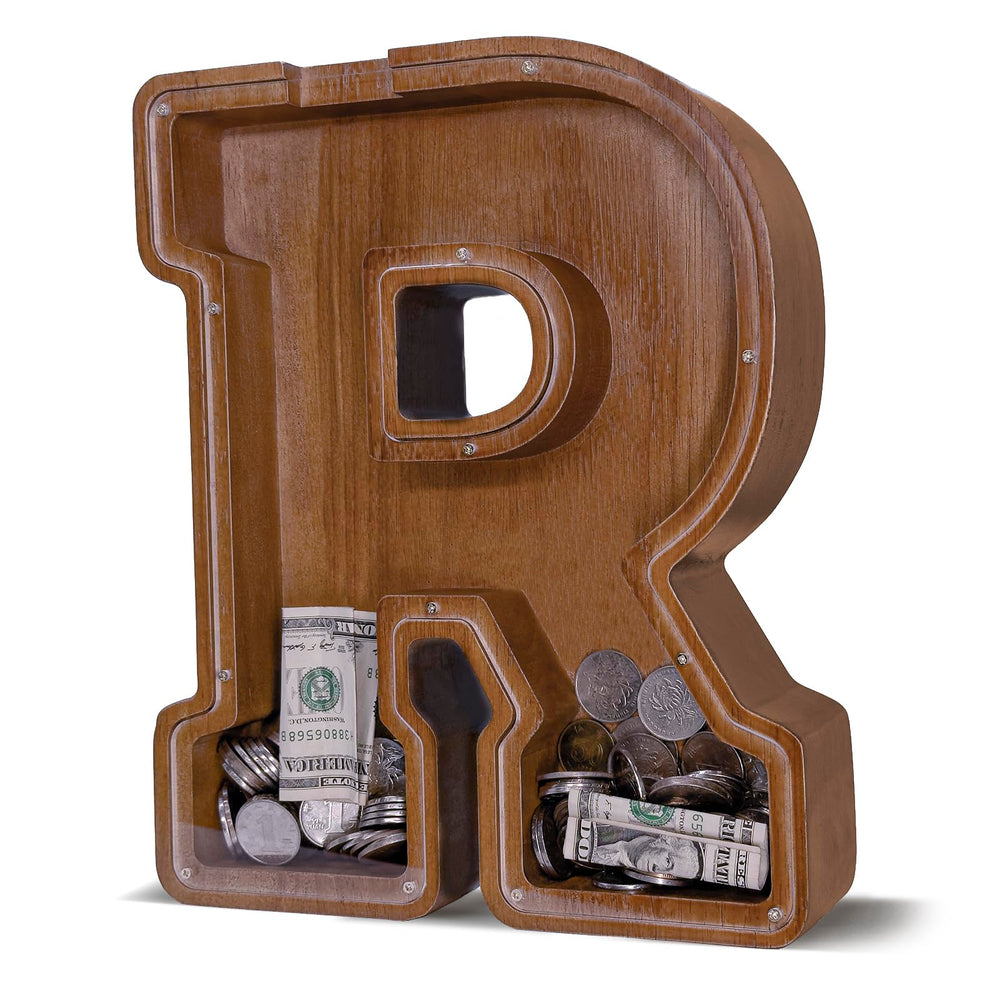 JOOMLAFLY wooden letter piggy bank front view encourages kids to start saving