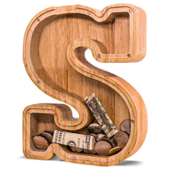 JOOMLAFLY wooden letter piggy bank front view with personalized initial and natural finish