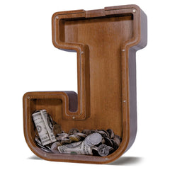 JOOMLAFLY wooden letter piggy bank front view promotes visual saving progress for kids.