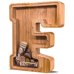 JOOMLAFLY wooden letter piggy bank front view with natural finish for kids
