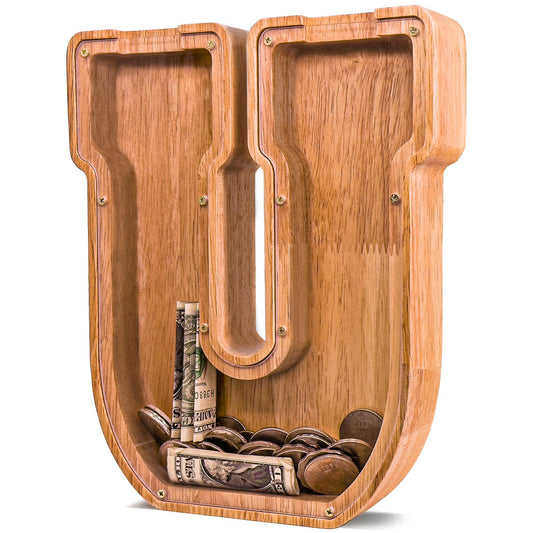 JOOMLAFLY wooden letter piggy bank front view with initial; ideal for teaching kids to save