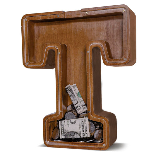 JOOMLAFLY wooden letter piggy bank with initial design promotes personalized savings.