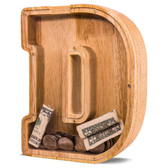 JOOMLAFLY wooden letter piggy bank panel enables easy savings monitoring for kids