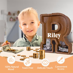 JOOMLAFLY wooden letter piggy bank side view shows durable craftsmanship for long-term use