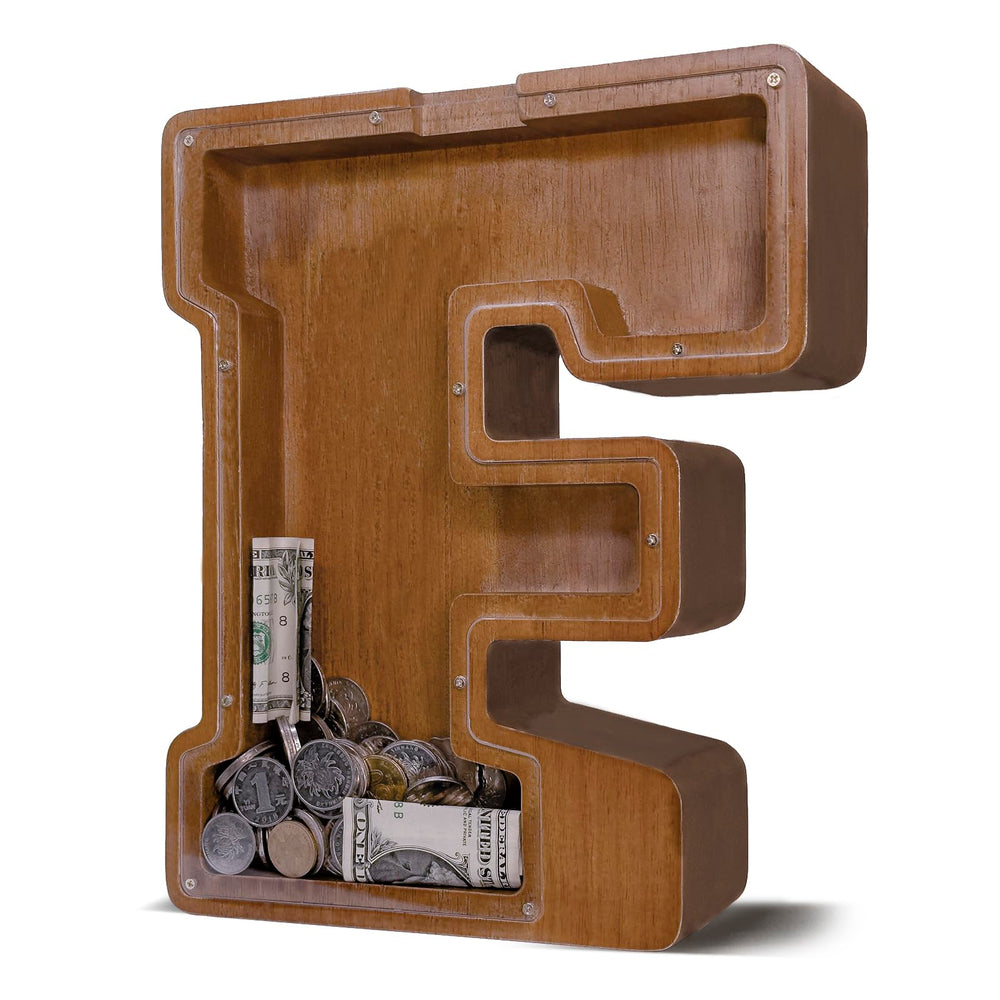 JOOMLAFLY wooden letter piggy bank with smooth finish for kids' savings.