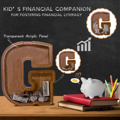 JOOMLAFLY wooden letter piggy bank transparent panel for easy savings tracking