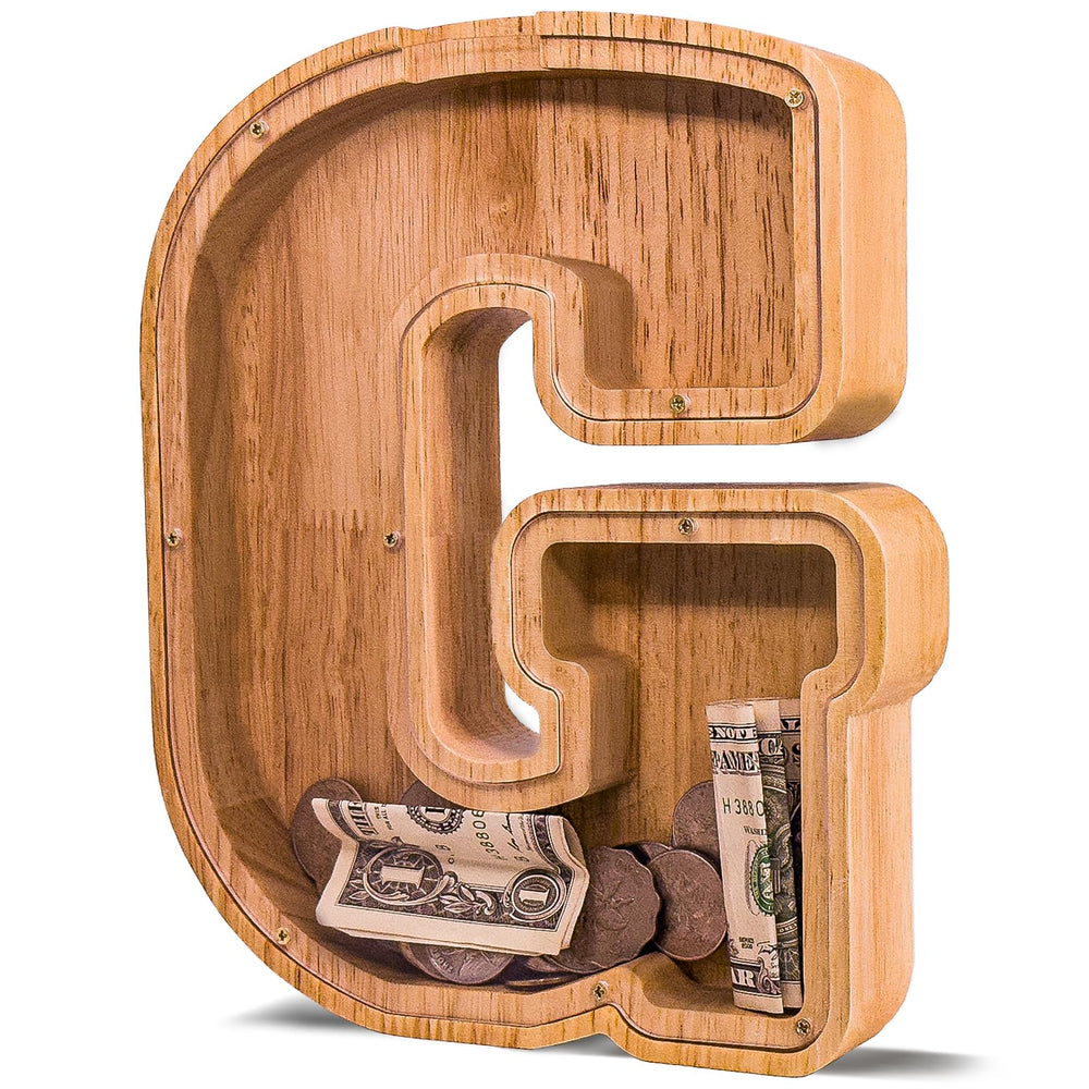 JOOMLAFLY wooden letter piggy bank front view showing natural finish