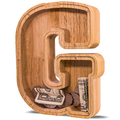 JOOMLAFLY wooden letter piggy bank front view showing natural finish