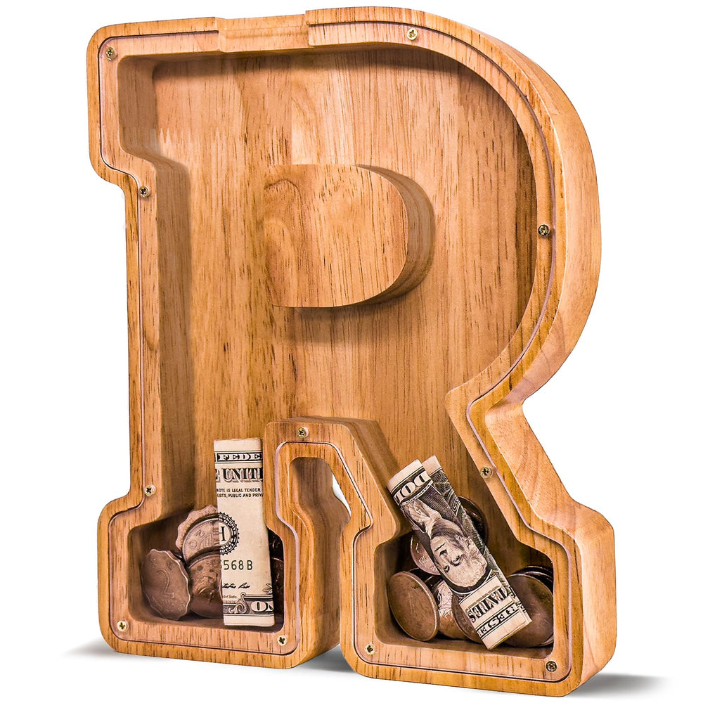 JOOMLAFLY wooden letter piggy bank with natural finish boosts durable, kid-friendly savings