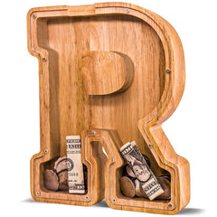 JOOMLAFLY wooden letter piggy bank with natural finish boosts durable, kid-friendly savings