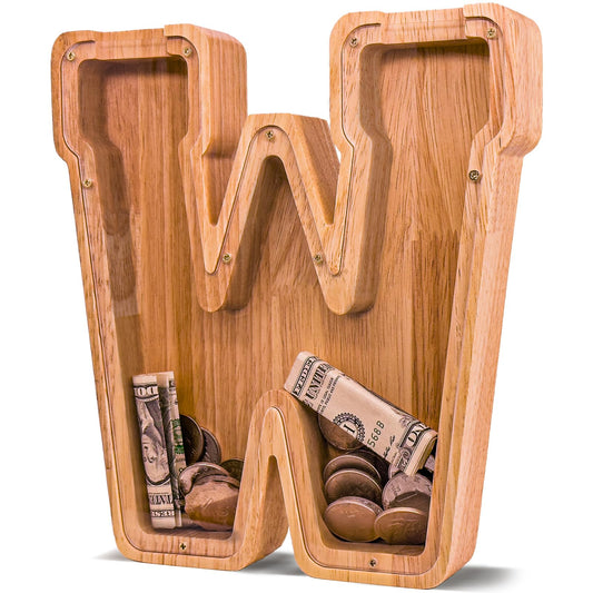 JOOMLAFLY wooden letter piggy bank showing natural wood and durable craftsmanship for long-term savings