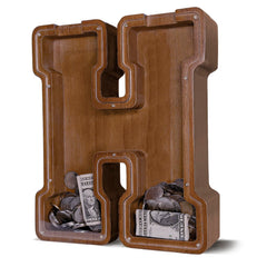 JOOMLAFLY wooden letter piggy bank with natural finish, durable and kid-safe.