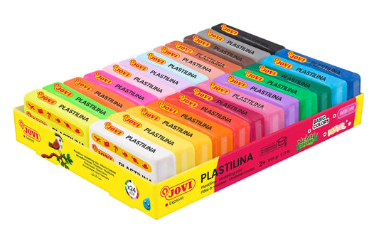 Jovi clay 24-color pack showcases vibrant hues for classroom and home crafts.