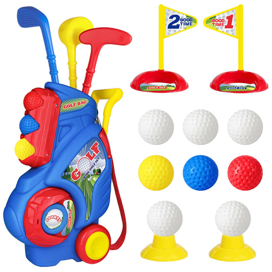 Jovizo toddler golf cart with retractable handle for easy transport.