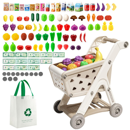 Jovow 102pc shopping cart full of pretend foods boosts imaginative play and vocabulary.