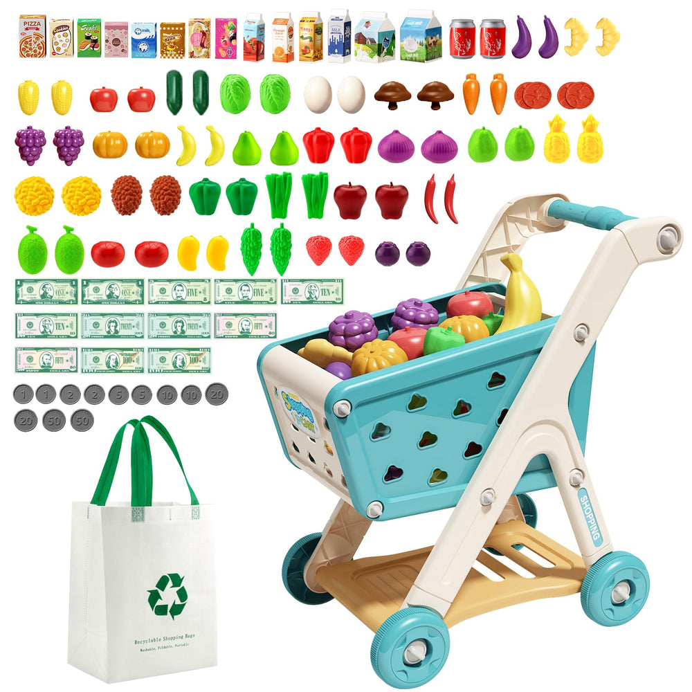Jovow 102pcs kids shopping cart with pretend food — inviting imaginative play and role-playing.