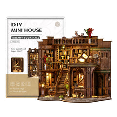 Joxvizx miniature book nook kit assembly scene with warm LED glow for shelves.