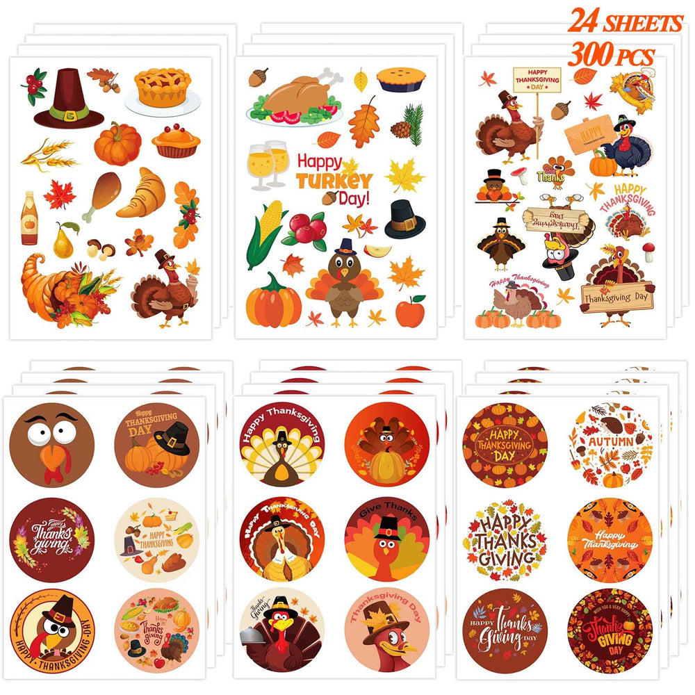 Joy Bang Thanksgiving stickers kit for kids—24 sheets, 300 colorful designs for classroom crafts.