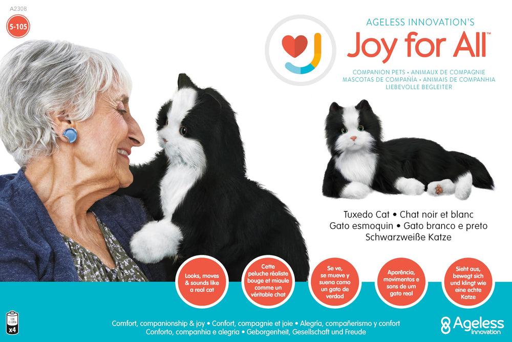 Joy For All Companion Cat tuxedo purring action soothing ambience for seniors.