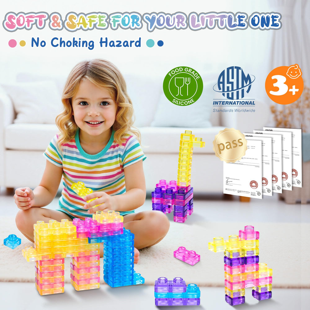 JOY SPOT! blocks squishy interlocking design boosts fine motor skills during play.