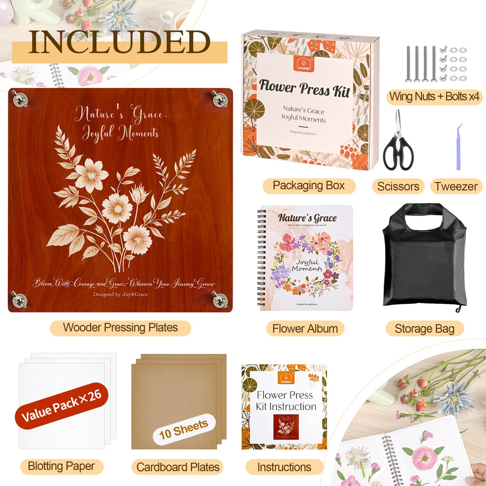 Joy&Grace flower preservation kit contents enable easy pressed-flower art at home.