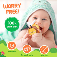 JoyCat Beehive toy bees with rattles and squeakers encourage grabbing and shaking.