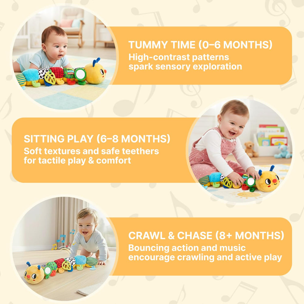 JoyCat Caterpillar tummy time play encourages lifting heads and reaching