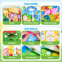JoyCat Dinosaur Busy Book soft felt material is toddler friendly.